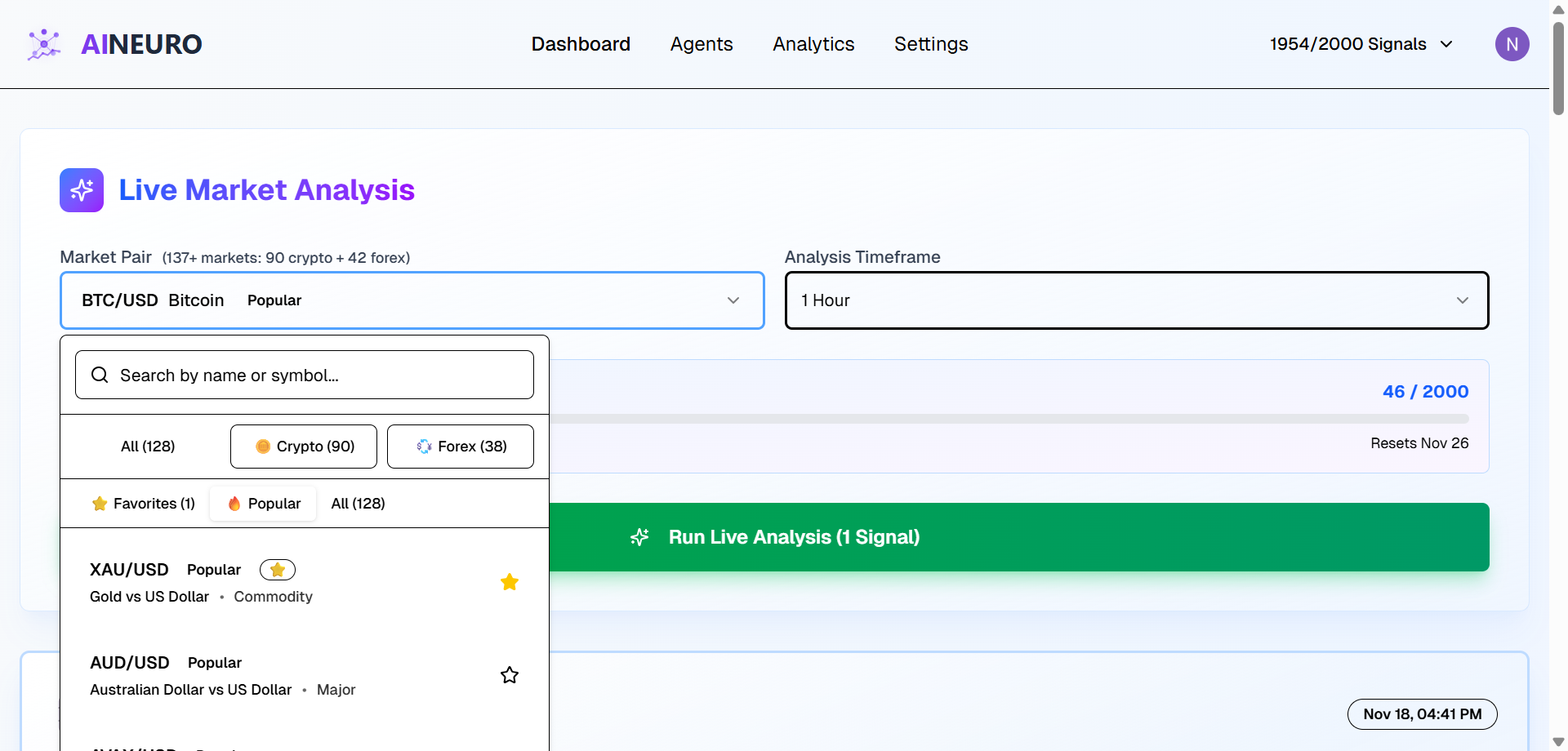Market selector showing 128 trading pairs